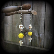 Load image into Gallery viewer, Cross earrings Halloween ear hangers Day of the Dead Skull Rose earrings Santeria Voodoo Los Muertos Plug earrings Tunnel dangles 0g 2g 4g