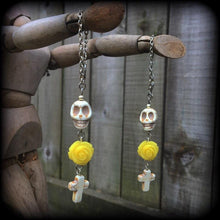 Load image into Gallery viewer, Cross earrings Halloween ear hangers Day of the Dead Skull Rose earrings Santeria Voodoo Los Muertos Plug earrings Tunnel dangles 0g 2g 4g