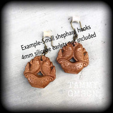 Load image into Gallery viewer, Carved wood earrings Lucky earrings Kawaii Good luck earrings Koi fish earrings Chinese new year French hooks Pierced ears Ear hangers Plugs