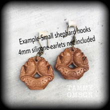 Load image into Gallery viewer, Carved wood earrings Lucky earrings Kawaii Good luck earrings Koi fish earrings Chinese new year French hooks Pierced ears Ear hangers Plugs