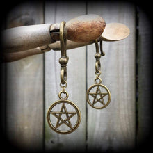 Load image into Gallery viewer, Pentagram ear hangers Pentacle Plug dangles Goddess Tunnel dangles Wicca Witchy Tunnel dangles Plug dangles Gauged earrings 00g 0g 2g 4g 6g