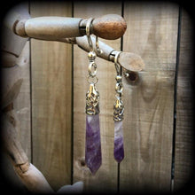 Load image into Gallery viewer, Amethyst earrings Gemstone earrings Plug earrings Gauged earrings Crystal earrings Rock earrings Chakra earrings Boho earrings Tunnel gauges