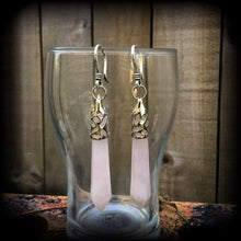 Load image into Gallery viewer, Rose Quartz earrings, Gemstone earrings, Pendulum earrings, Rose Quartz jewelry, Plug earrings, Tunnel earrings, Pink earrings, Gauges, 14g