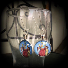 Load image into Gallery viewer, Tarot earrings 3 of cups Tarot jewelry Tarot card Sigil earrings Talismans Occult jewelry Esoteric jewelry Ouija jewelry Witchcraft Gauges