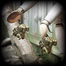 Load image into Gallery viewer, 8 gauge Foo Dog ear weights 6 gauge 4 gauge 2 gauge Brass ear weights Ear hangers Plug dangles Tunnel dangles Hanging Gauges Gauged earrings
