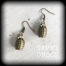 Load image into Gallery viewer, Punk earrings Grenade earrings Tunnel earrings Plug dangles Punk jewelry Gauged earrings 2 gauge ear hangers 6mm 4 gauge bronze ear weights