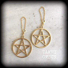 Load image into Gallery viewer, Pentagram ear hangers Tunnel dangles Pentacle Plug dangles Wicca Gauged earrings Witchy Hanging plugs Plug gauges Hanging gauges  00g 0g 2g