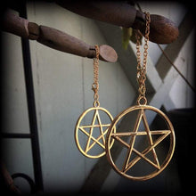 Load image into Gallery viewer, Pentagram ear hangers Tunnel dangles Pentacle Plug dangles Wicca Gauged earrings Witchy Hanging plugs Plug gauges Hanging gauges  00g 0g 2g