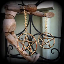 Load image into Gallery viewer, Pentagram ear hangers Tunnel dangles Pentacle Plug dangles Wicca Gauged earrings Witchy Hanging plugs Plug gauges Hanging gauges  00g 0g 2g