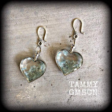 Load image into Gallery viewer, Heart ear weights 8 gauge aquamarine ear hangers 3mm tunnel earrings 2 gauge Gauged earrings 6mm tunnel dangles Hanging gauges Plug dangles