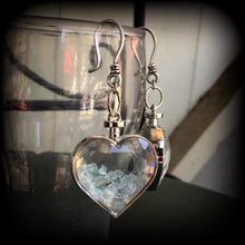 Load image into Gallery viewer, Heart ear weights 8 gauge aquamarine ear hangers 3mm tunnel earrings 2 gauge Gauged earrings 6mm tunnel dangles Hanging gauges Plug dangles