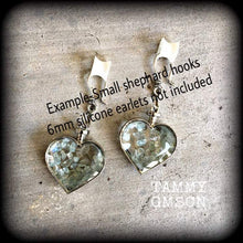 Load image into Gallery viewer, Heart ear weights 8 gauge aquamarine ear hangers 3mm tunnel earrings 2 gauge Gauged earrings 6mm tunnel dangles Hanging gauges Plug dangles