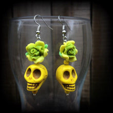 Load image into Gallery viewer, Los Muertos earrings Skull ear hangers Day of the Dead Plug earrings Rigor Mortis earrings Tunnel earrings Gauges Halloween Tunnel dangles