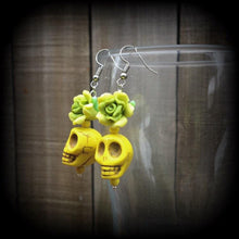 Load image into Gallery viewer, Los Muertos earrings Skull ear hangers Day of the Dead Plug earrings Rigor Mortis earrings Tunnel earrings Gauges Halloween Tunnel dangles