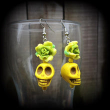 Load image into Gallery viewer, Los Muertos earrings Skull ear hangers Day of the Dead Plug earrings Rigor Mortis earrings Tunnel earrings Gauges Halloween Tunnel dangles