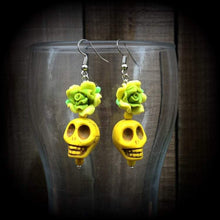 Load image into Gallery viewer, Los Muertos earrings Skull ear hangers Day of the Dead Plug earrings Rigor Mortis earrings Tunnel earrings Gauges Halloween Tunnel dangles