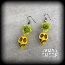 Load image into Gallery viewer, Los Muertos earrings Skull ear hangers Day of the Dead Plug earrings Rigor Mortis earrings Tunnel earrings Gauges Halloween Tunnel dangles