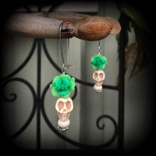 Load image into Gallery viewer, Rose earrings, Skull earrings, Day of the Dead jewelry, Vodoo earrings, Santeria jewelry, Voodou, Los Muertos, Plug dangles, Tunnel dangles