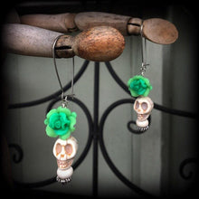 Load image into Gallery viewer, Rose earrings, Skull earrings, Day of the Dead jewelry, Vodoo earrings, Santeria jewelry, Voodou, Los Muertos, Plug dangles, Tunnel dangles
