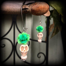 Load image into Gallery viewer, Rose earrings, Skull earrings, Day of the Dead jewelry, Vodoo earrings, Santeria jewelry, Voodou, Los Muertos, Plug dangles, Tunnel dangles
