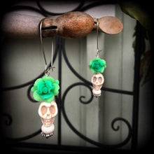 Load image into Gallery viewer, Rose earrings, Skull earrings, Day of the Dead jewelry, Vodoo earrings, Santeria jewelry, Voodou, Los Muertos, Plug dangles, Tunnel dangles