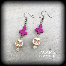 Load image into Gallery viewer, Day of the Dead earrings Skull ear hangers Inverted cross earrings Tunnel earrings Halloween Pierced ears Los Muertos Hanging gauges Plugs