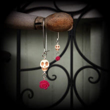 Load image into Gallery viewer, Rockabilly earrings Halloween earrings Day of the Dead Pink Rosa earrings Skull Voodoo Los Muertos Kidney hook Pierced ears Plug earrings 0g