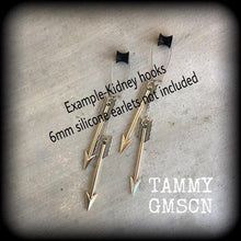 Load image into Gallery viewer, Arrow earrings Cupid earrings Dangle Bow and Arrow Goddess Sagittarius Artemis Gauged earrings Wicca Pan Nature Pierced ears Stretched ears