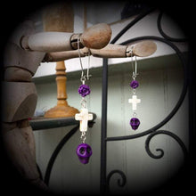 Load image into Gallery viewer, Day of the Dead earrings Skull earrings Rose earrings Tunnel earrings Inverted Cross earrings Halloween jewelry Los Muertos jewelry Sangria