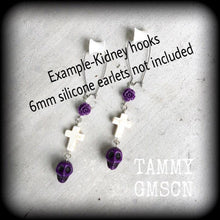 Load image into Gallery viewer, Day of the Dead earrings Skull earrings Rose earrings Tunnel earrings Inverted Cross earrings Halloween jewelry Los Muertos jewelry Sangria