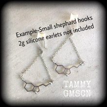 Load image into Gallery viewer, Serotonin ear hangers Molecule Tunnel dangles Science Chemical Nerd Geek Plug dangles Hanging gauges Gauged earrings Anatomy Science jewelry