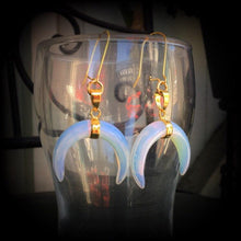 Load image into Gallery viewer, Opalite earrings Gemstone Quartz Crystal Stone Moonstone earrings Crescent moon earrings Moon earrings Dangle earrings Gauged earrings 2g