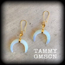 Load image into Gallery viewer, Opalite earrings Gemstone Quartz Crystal Stone Moonstone earrings Crescent moon earrings Moon earrings Dangle earrings Gauged earrings 2g