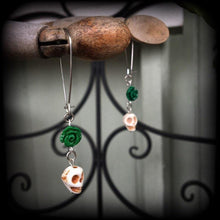 Load image into Gallery viewer, Cinco de Mayo earrings Halloween earrings Day of the Dead Rose earrings Skull Voodoo Los Muertos Kidney hook Pierced ears Plug earrings 0g
