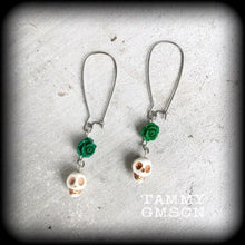 Load image into Gallery viewer, Cinco de Mayo earrings Halloween earrings Day of the Dead Rose earrings Skull Voodoo Los Muertos Kidney hook Pierced ears Plug earrings 0g