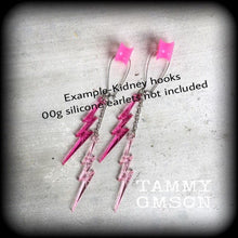 Load image into Gallery viewer, Lightning Bolt earrings Pink Retro Kitsch earrings Bowie earrings Tunnel dangles Plug earrings Pierced ears Stretched ears Gauges Plugs 0g