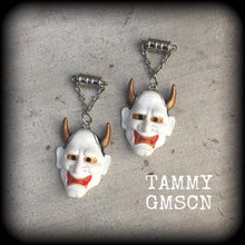 Load image into Gallery viewer, 0 gauge tunnel dangles, 10mm plug earrings, Hannya Mask ear hangers, Ear weights, Hanging gauges, Gauged earrings, For stretched lobes 2g 4g