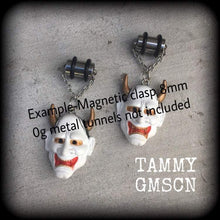 Load image into Gallery viewer, 0 gauge tunnel dangles, 10mm plug earrings, Hannya Mask ear hangers, Ear weights, Hanging gauges, Gauged earrings, For stretched lobes 2g 4g