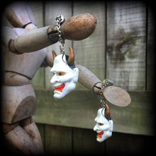 Load image into Gallery viewer, 0 gauge tunnel dangles, 10mm plug earrings, Hannya Mask ear hangers, Ear weights, Hanging gauges, Gauged earrings, For stretched lobes 2g 4g