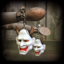 Load image into Gallery viewer, 0 gauge tunnel dangles, 10mm plug earrings, Hannya Mask ear hangers, Ear weights, Hanging gauges, Gauged earrings, For stretched lobes 2g 4g