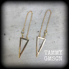 Load image into Gallery viewer, Triangle earrings Sacred geometry Alchemy earrings Inverted triangle Elemental jewelry Sigil earrings Dangle earring 3mm 4mm Gauged earrings