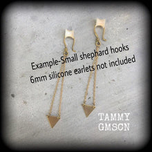 Load image into Gallery viewer, Sacred geometry earrings Triangle Tunnel earrings Dangle Plug earrings Elemental Alchemy Sigil Occult Esoteric Kidney hooks Pierced ears 2g