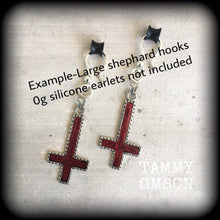 Load image into Gallery viewer, Inverted Cross earrings, Cross jewelry, Plug earrings, Satanic, Evil, Tunnel earrings, Gothic jewelry, Occult jewelry, St Peters cross 14 g