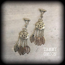 Load image into Gallery viewer, Witchy earrings Leaf earrings Goddess earrings Artemis Tunnel earrings Gothic Emo Occult Plug earrings Boho earrings Pierced ears Gauges 14g