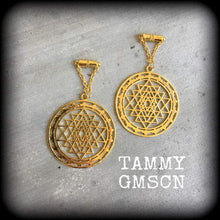 Load image into Gallery viewer, Sri Yantra tunnel dangles, Hanging gauges, Plug earrings, Gauged earrings, Ear Hangers, Chakra weights, Esoteric ear weights 6mm 2 gauge 8mm