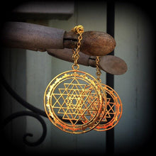 Load image into Gallery viewer, Sri Yantra tunnel dangles, Hanging gauges, Plug earrings, Gauged earrings, Ear Hangers, Chakra weights, Esoteric ear weights 6mm 2 gauge 8mm