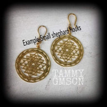 Load image into Gallery viewer, Sri Yantra Ear weights, 10mm, 00 gauge, Hanging gauges, Plug dangles, Gauged earrings, Ear Hangers, Tunnel dangles, 12mm, 14mm, 16mm, 18mm