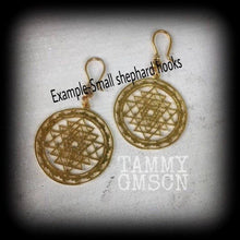 Load image into Gallery viewer, Sri Yantra tunnel dangles, Hanging gauges, Plug earrings, Gauged earrings, Ear Hangers, Chakra weights, Esoteric ear weights 6mm 2 gauge 8mm