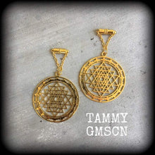 Load image into Gallery viewer, Sri Yantra tunnel dangles, Hanging gauges, Plug earrings, Gauged earrings, Ear Hangers, Chakra weights, Esoteric ear weights 6mm 2 gauge 8mm
