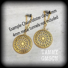 Load image into Gallery viewer, Sunwheel ear hangers Rune Tunnel dangles Viking Plug dangles Black sun Occult Viking Norse Esoteric Gauged earrings Tunnel earrings Asatru
